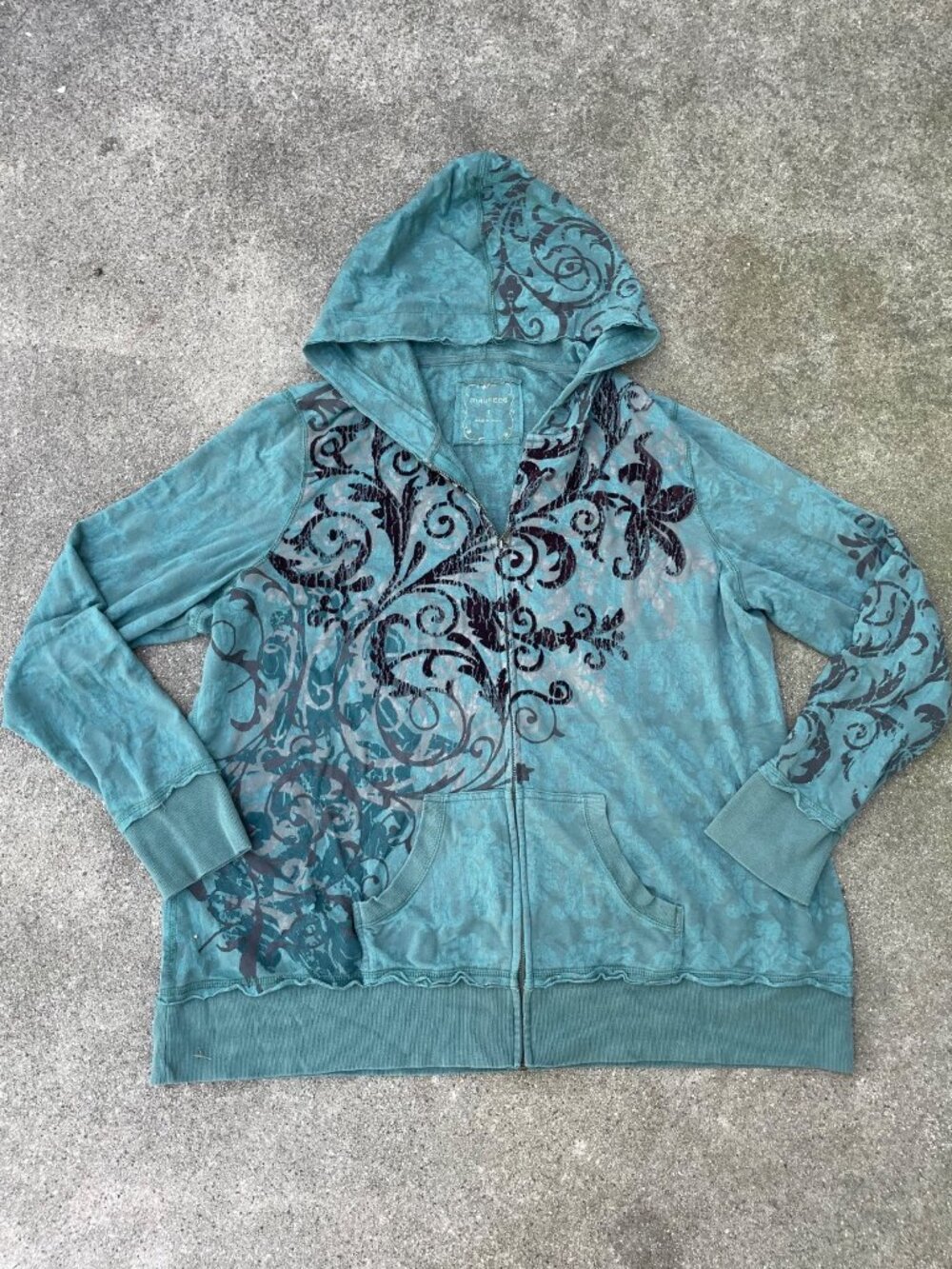 Vintage Y2K Hoodie Zip Up Scroll Print Green Indie Sleaze Plus Size 3X Grunge